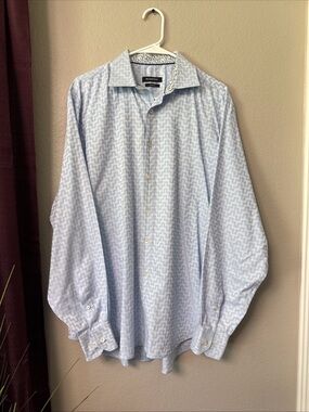 MS2 Bugatchi Men’s Long Sleeve Blue Geometric Shirt Size Large